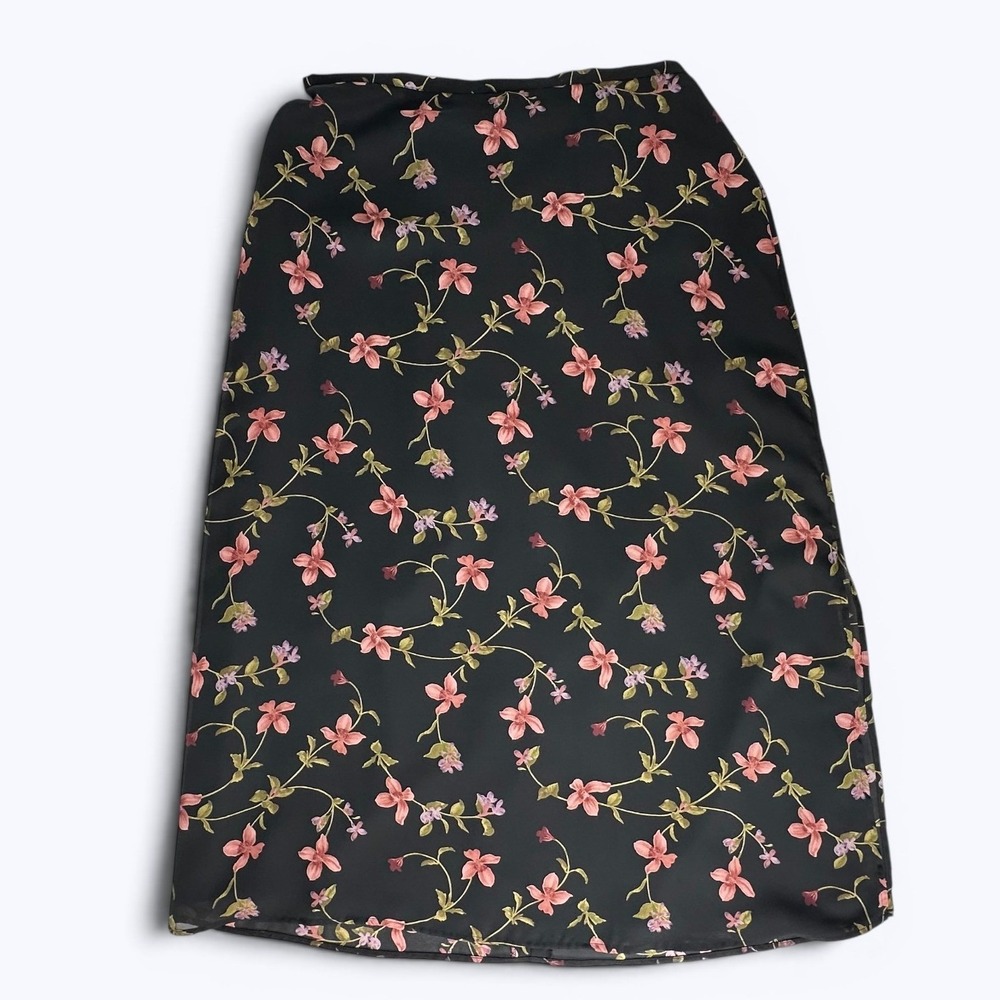 Norton McNaughton Black Floral Midi Skirt Side Slit Lined Vintage 90s Y2K Sz 14